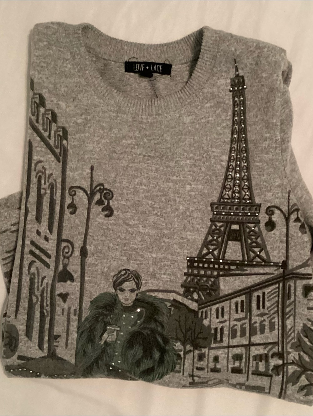 Love & Lace Ladies Paris Theme Print Gray Pullover 3/4 Sleeve Top Size L